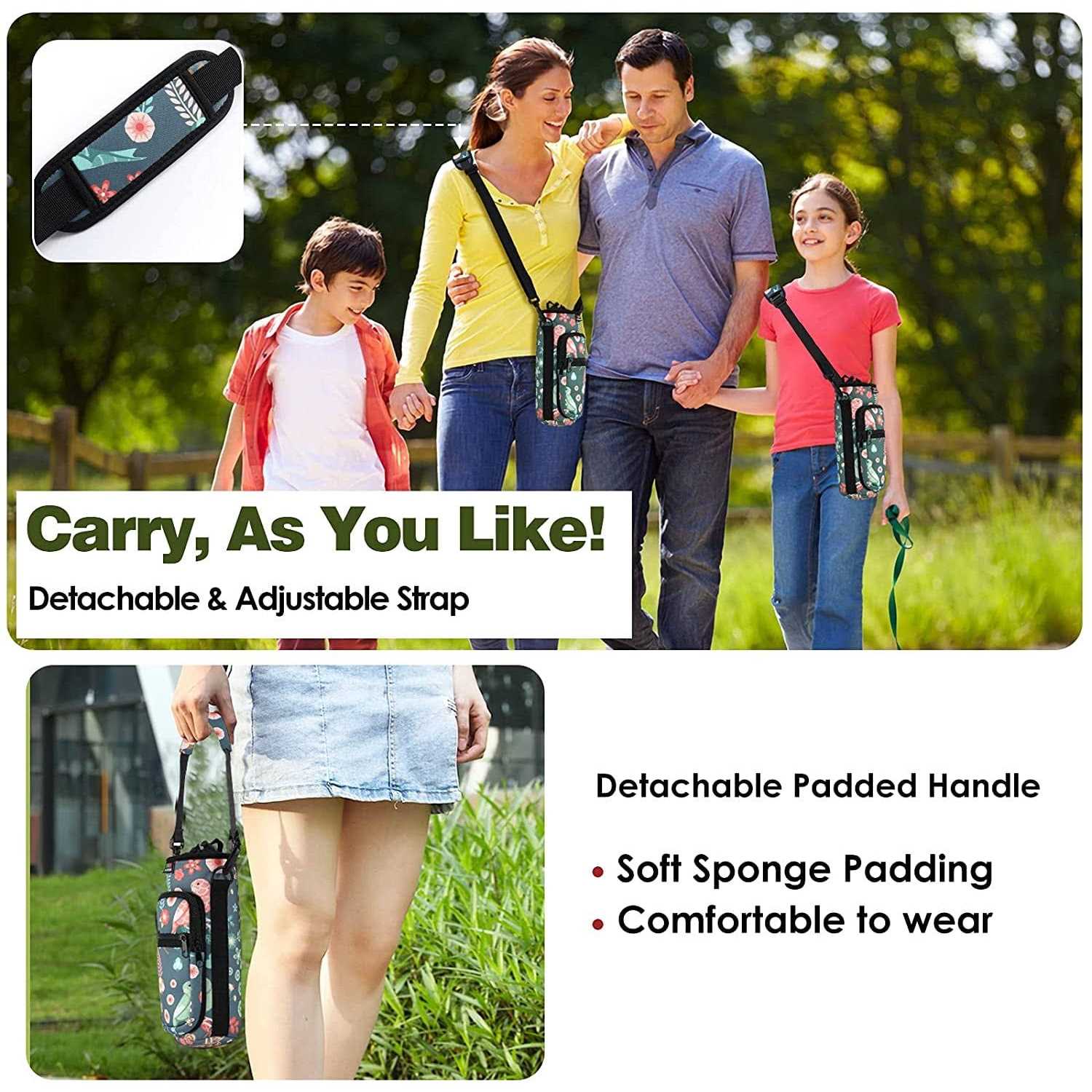 Nuovoware Water Bottle Carrier Bag Bottle Pouch Holder Adjustable Shoulder Hand Strap 2 Pocket Sling Neoprene Sleeve Sports Water Bottle - Image 3