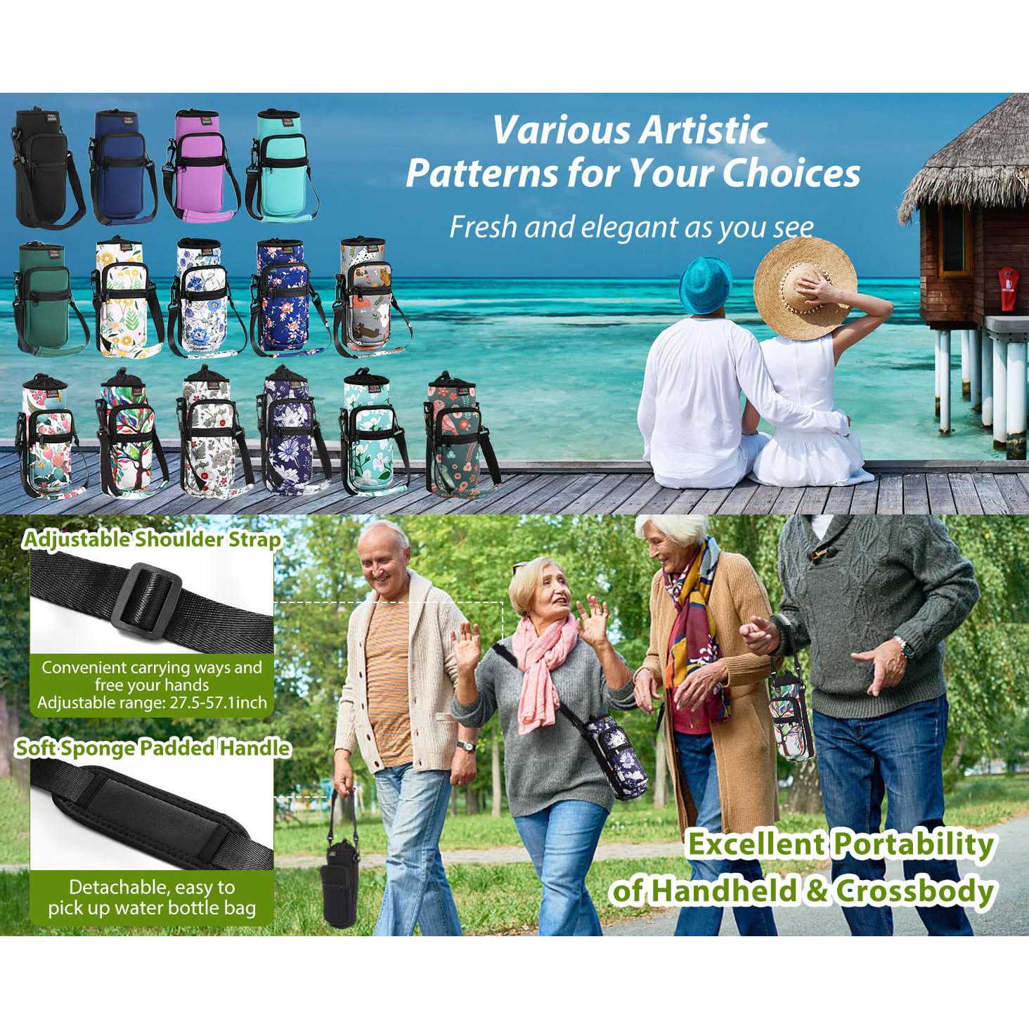 Nuovoware Water Bottle Carrier Bag Bottle Pouch Holder Adjustable Shoulder Hand Strap 2 Pocket Sling Neoprene Sleeve Sports Water Bottle - Image 5