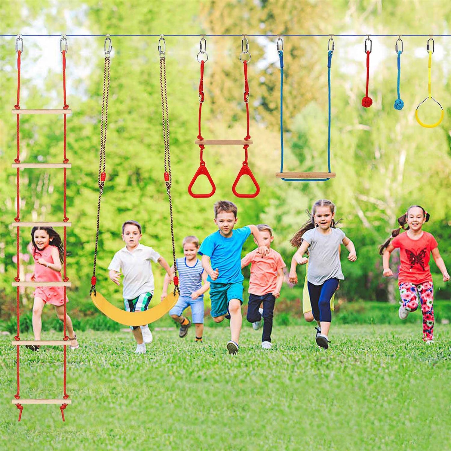 Ninja Warrior Obstacle Course for Kids, 65 FT Durable Slackline with 14 Obstacles-Swings, Monkey Bars, Arm Trainers and More - Image 4