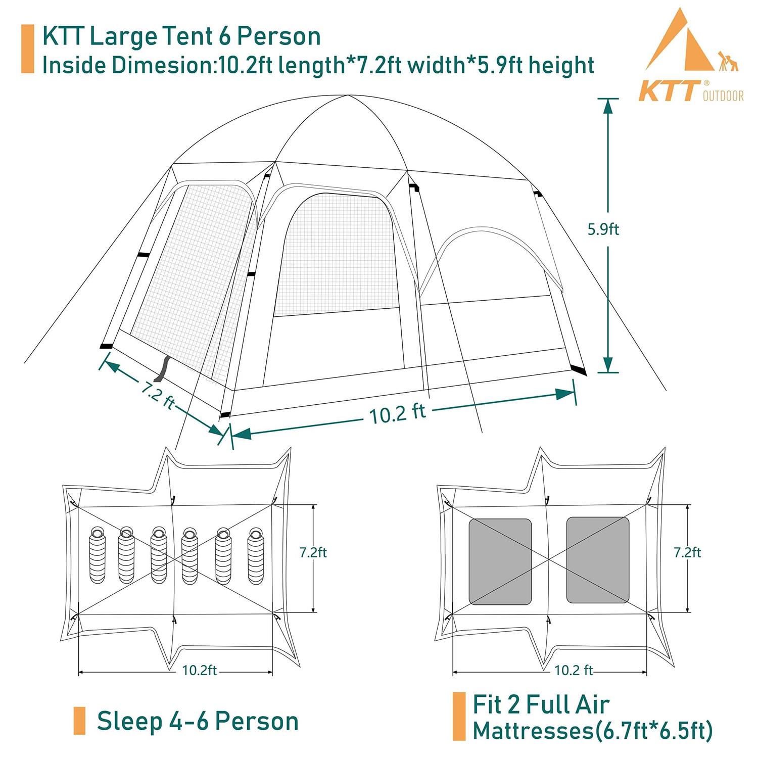 KTT Instant Tent 6/12 Person,Large Family Cabin Tents,Automatic pop up Tent Build Quickly in 60S,2 Rooms,2 Top Windows,3 Doors and 3 Windows - Image 2