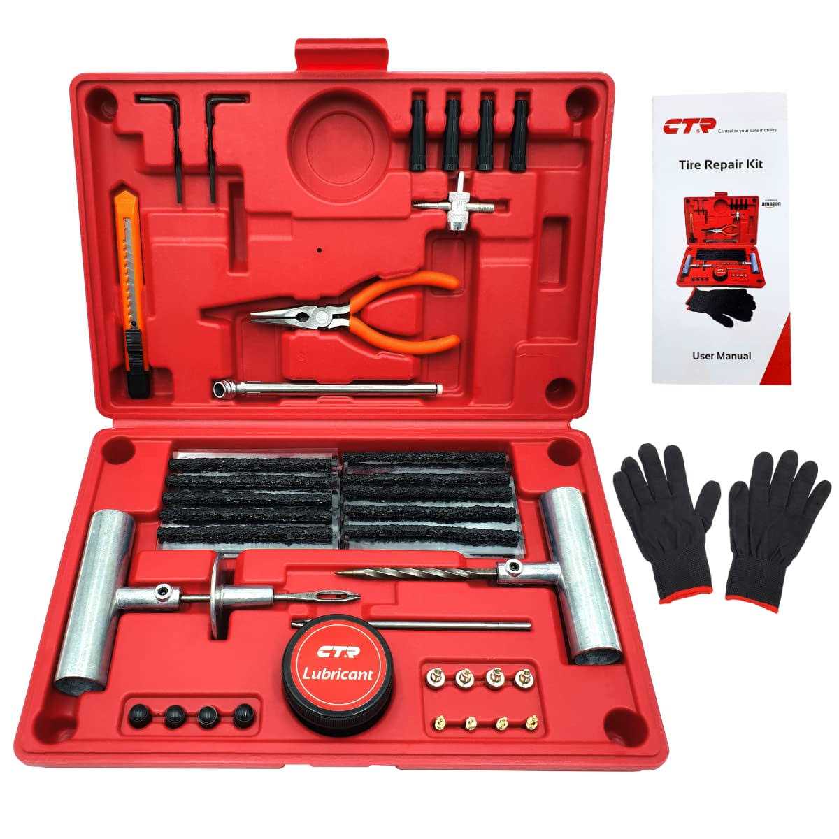 CTR Heavy Duty Tire Repair Kit 68pcs All-in-One Universal Tire Plug Tools for Tubeless Tyre Flats for Cars