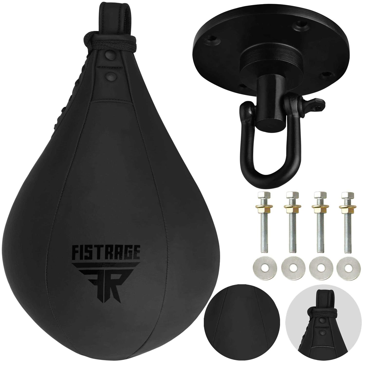 FISTRAGE Speed Bag Boxing Ball Leather MMA Muay Thai Training Punching Dodge Striking Kit with Free Hanging Swivel Workout Speedball Kicking Platform