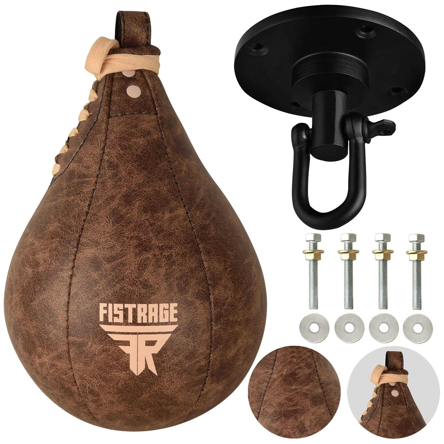 FISTRAGE Speed Bag Boxing Ball Leather MMA Muay Thai Training Punching Dodge Striking Kit with Free Hanging Swivel Workout Speedball Kicking Platform