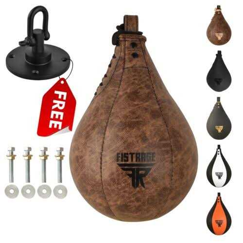 FISTRAGE Speed Bag Boxing Ball Leather MMA Muay Thai Training Punching Dodge Striking Kit with Free Hanging Swivel Workout Speedball Kicking Platform - Image 3