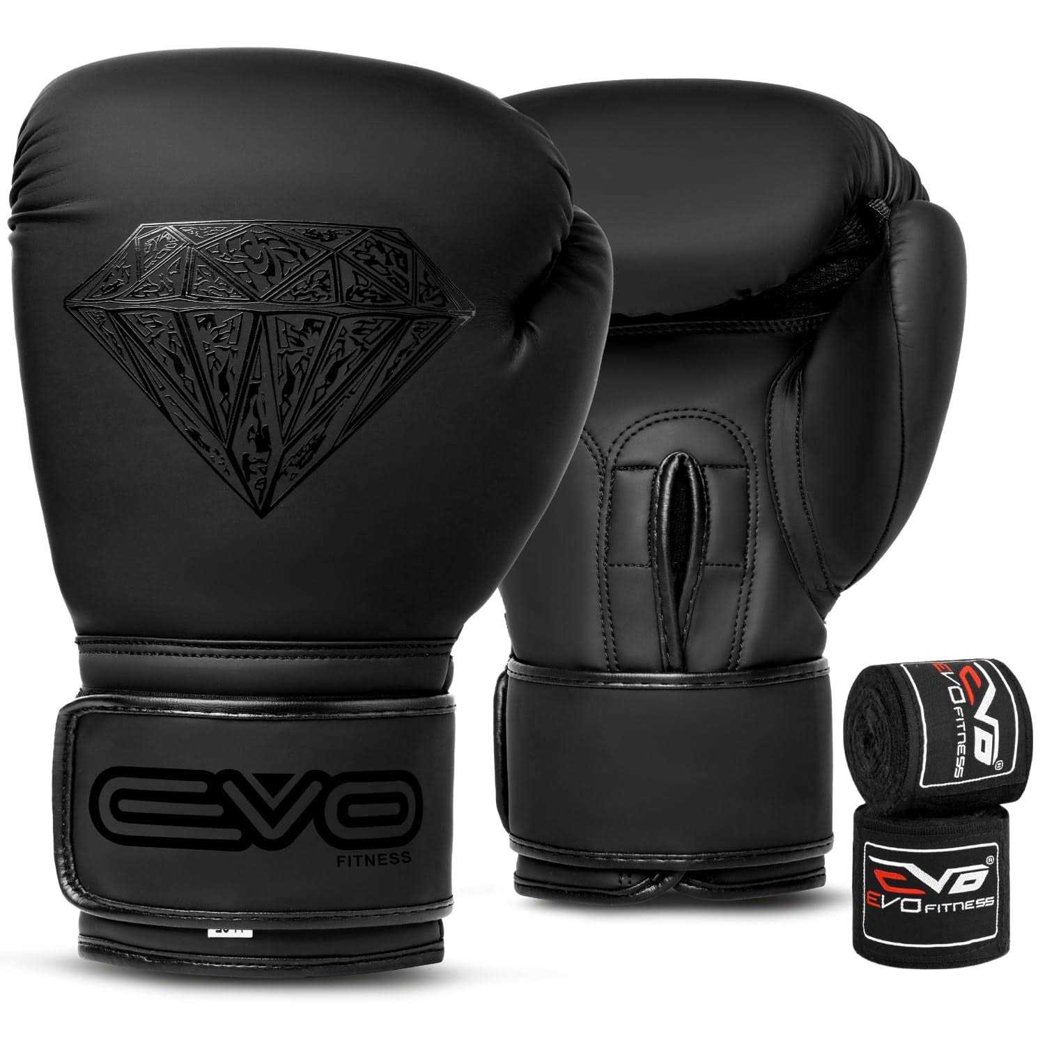 EVO Fitness Matte Black Boxing Gloves MMA Muay Thai Martial Arts Kick Boxing Sparring Training Fighting Men Punch Bag Women Gloves with Hand Wraps
