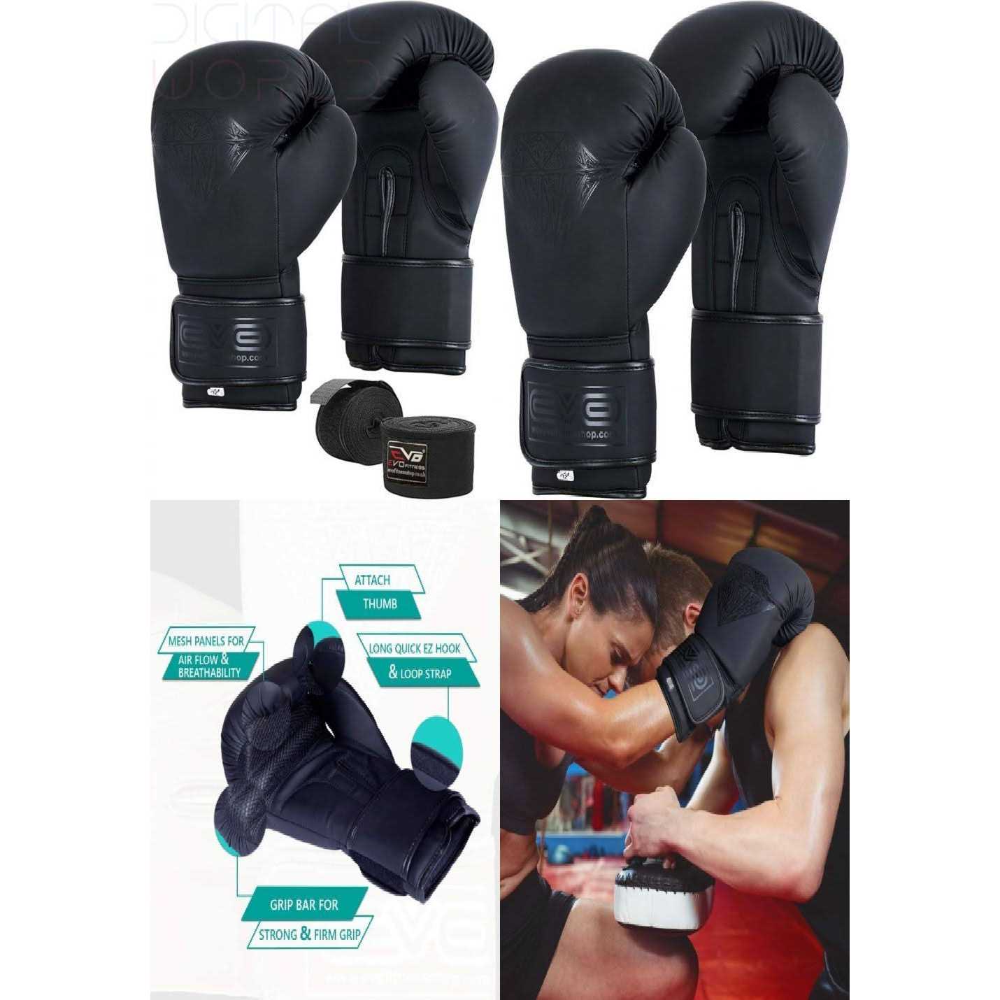 EVO Fitness Matte Black Boxing Gloves MMA Muay Thai Martial Arts Kick Boxing Sparring Training Fighting Men Punch Bag Women Gloves with Hand Wraps - Image 5