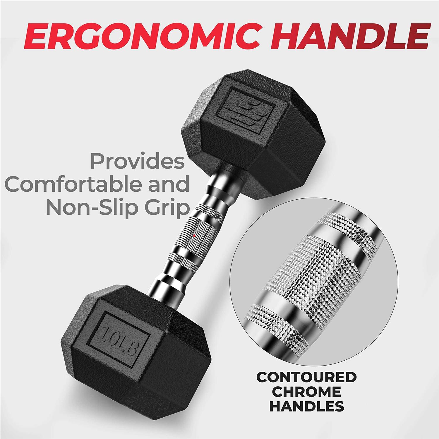 Finer Form Rubber Encased Hex Dumbbells with Chrome Handle - Image 5